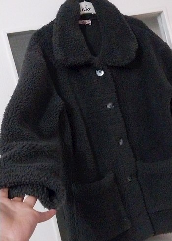 Düğmeli Siyah Midi Kadın Peluş Kaban - Görsel 6