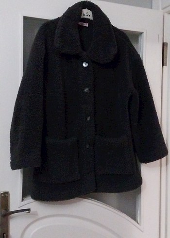 Düğmeli Siyah Midi Kadın Peluş Kaban - Görsel 7