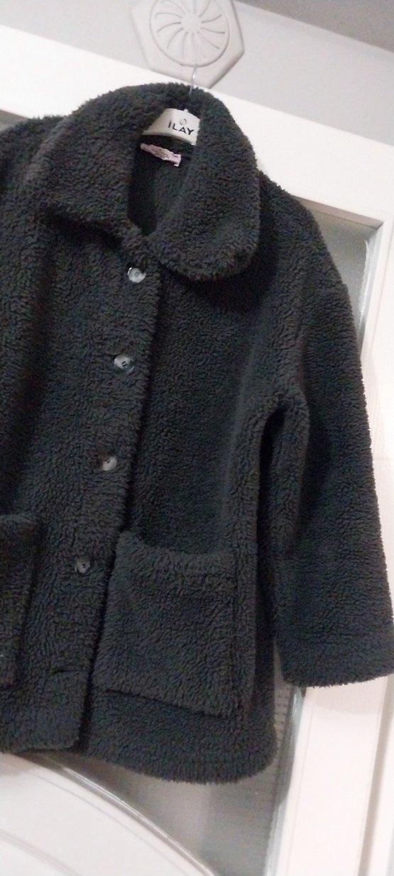 Düğmeli Siyah Midi Kadın Peluş Kaban - Görsel 3