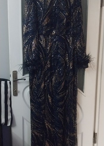 lacivert  Uzun Kol Kürklü Kadın Abiye Elbise - Görsel 4