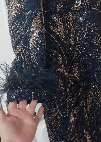 lacivert  Uzun Kol Kürklü Kadın Abiye Elbise - Görsel 10