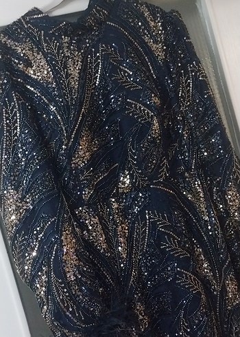 lacivert  Uzun Kol Kürklü Kadın Abiye Elbise - Görsel 5