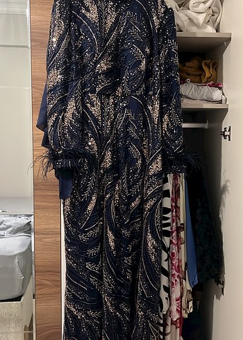 lacivert  Uzun Kol Kürklü Kadın Abiye Elbise - Görsel 2