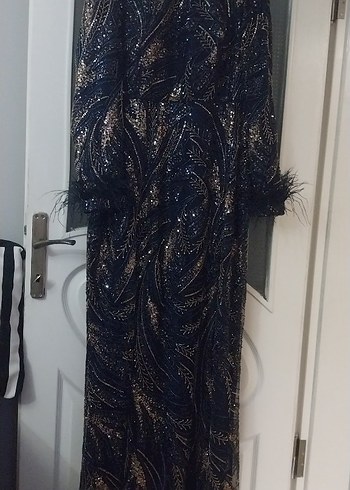 lacivert  Uzun Kol Kürklü Kadın Abiye Elbise - Görsel 9