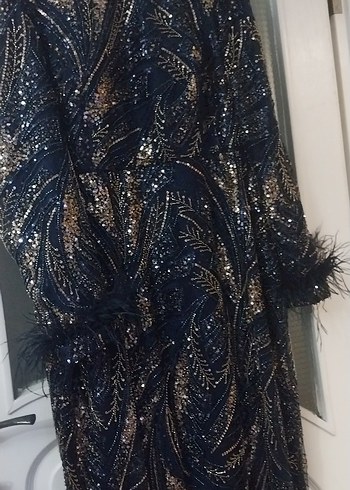 lacivert  Uzun Kol Kürklü Kadın Abiye Elbise - Görsel 8