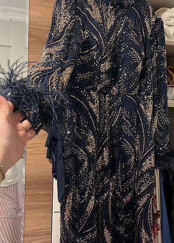 lacivert  Uzun Kol Kürklü Kadın Abiye Elbise - Görsel 3