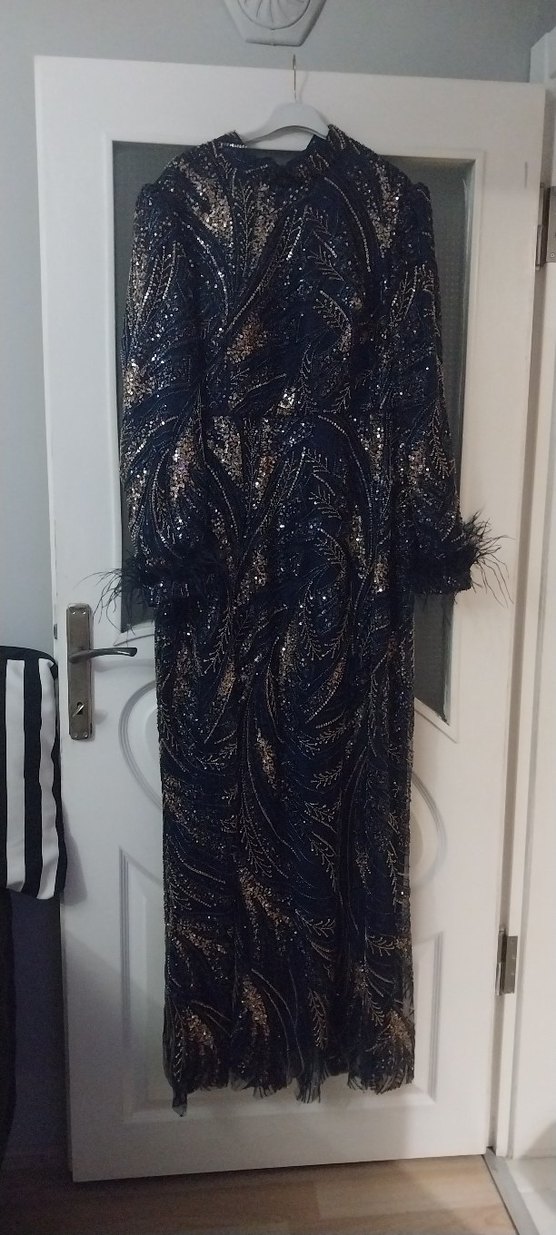 lacivert  Uzun Kol Kürklü Kadın Abiye Elbise - Görsel 4