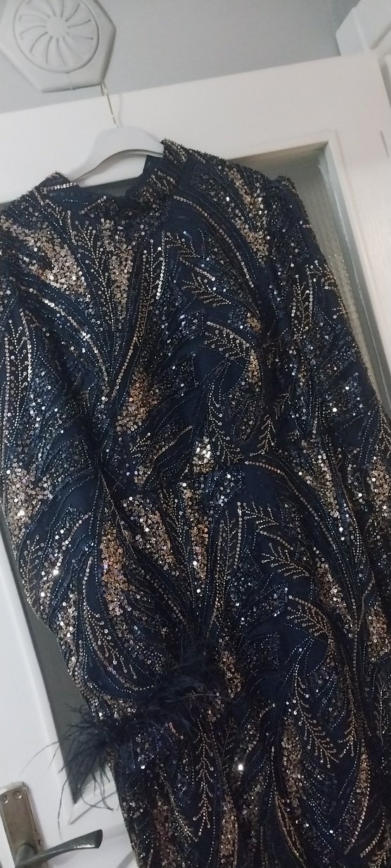 lacivert  Uzun Kol Kürklü Kadın Abiye Elbise - Görsel 5