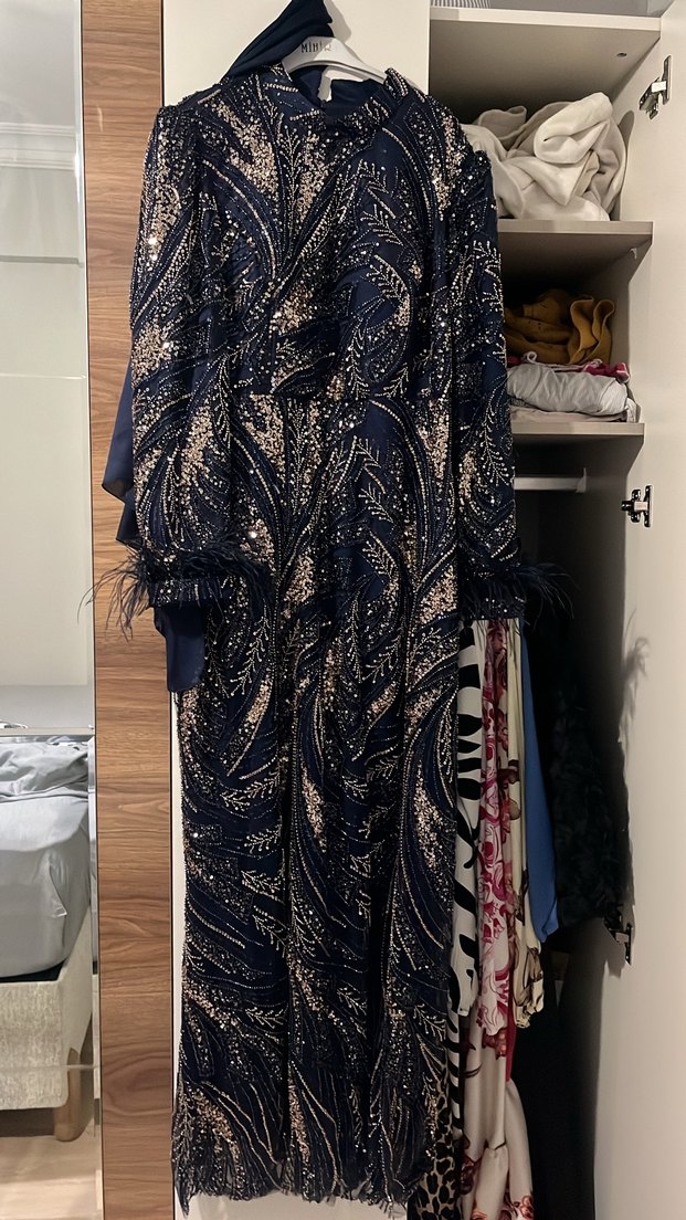 lacivert  Uzun Kol Kürklü Kadın Abiye Elbise - Görsel 2