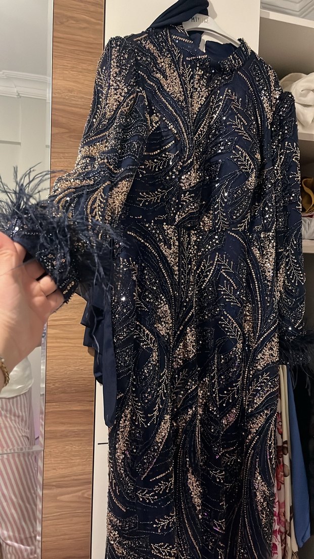 lacivert  Uzun Kol Kürklü Kadın Abiye Elbise - Görsel 3