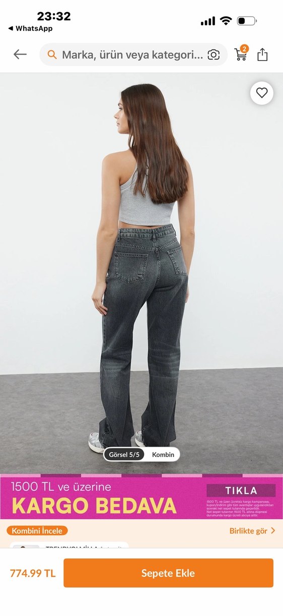 Gri siyah Bol Kesim Denim Kadın Jean - Görsel 2