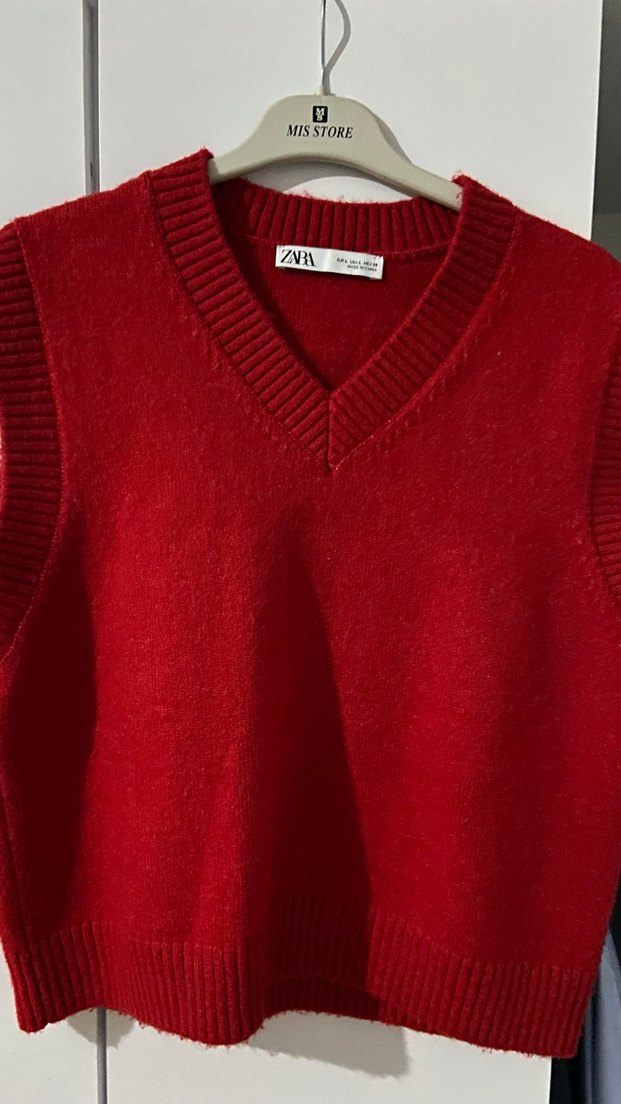 Zara Kırmızı V Yaka İnce Örgü Kazak - Görsel 2