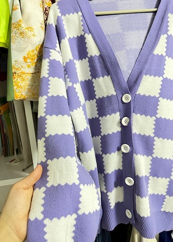 Mor Ekose Desenli V Yaka Kadın Hırka - Görsel 3