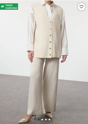 Düğmeli Beyaz Midi Kadın Yelek takım - Görsel 2
