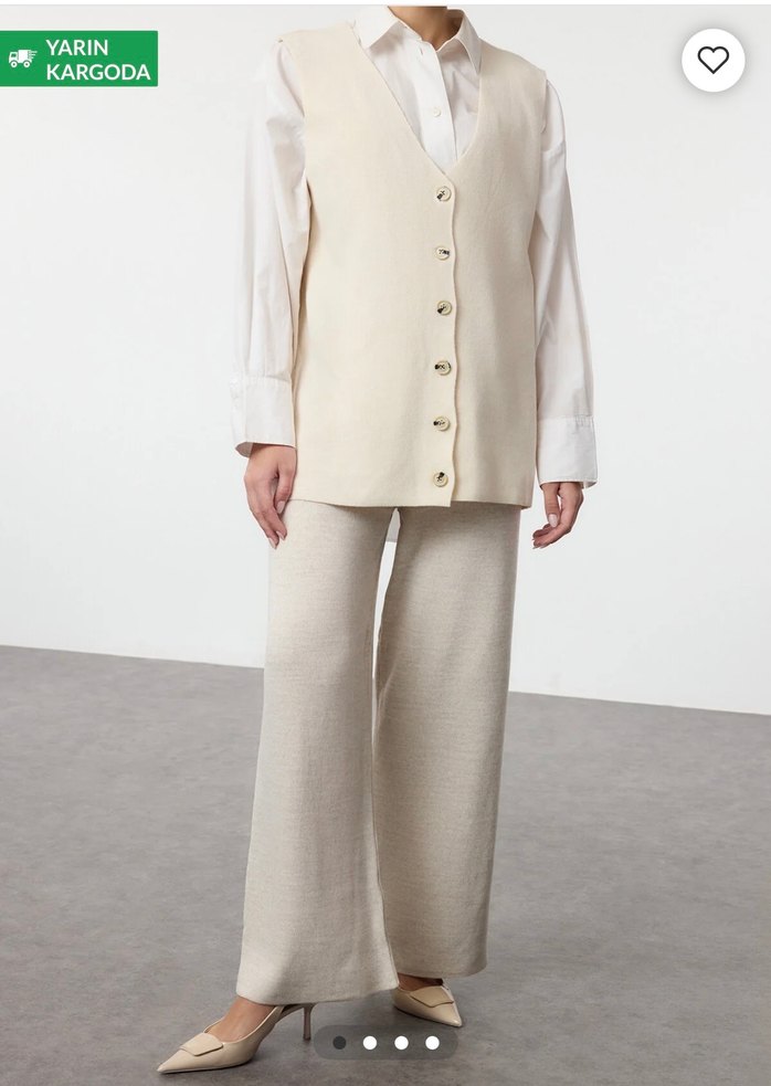 Düğmeli Beyaz Midi Kadın Yelek takım - Görsel 2