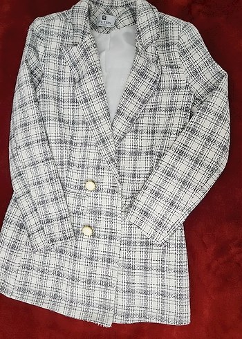 Gri Ekose Desenli Düğmeli Kadın Blazer Ceket