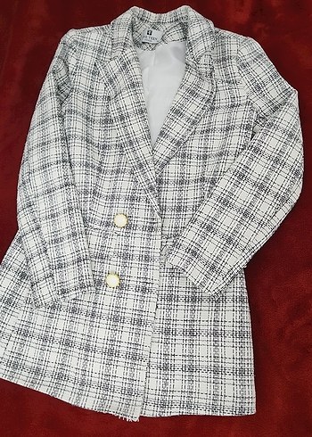 38 Beden beyaz Renk Gri Ekose Desenli Düğmeli Kadın Blazer Ceket