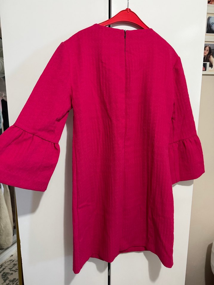 Pembe Keten Kadın Tunik, Fırfırlı, Midi Boy - Görsel 2