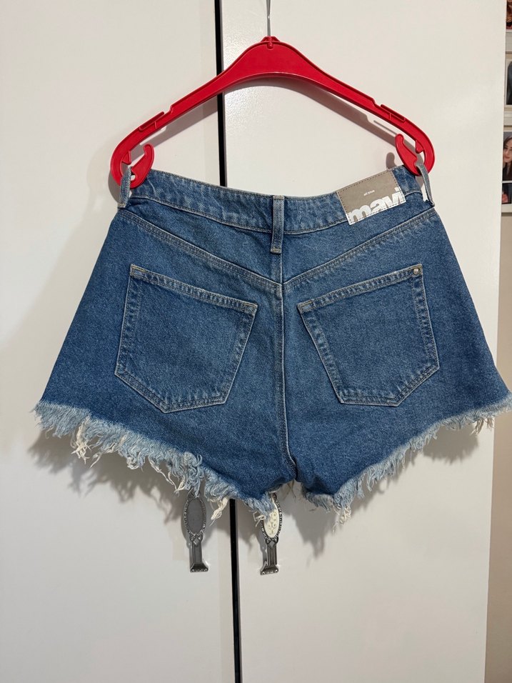 Kadın Mavi Yırtık Denim Mini Şort - Görsel 2