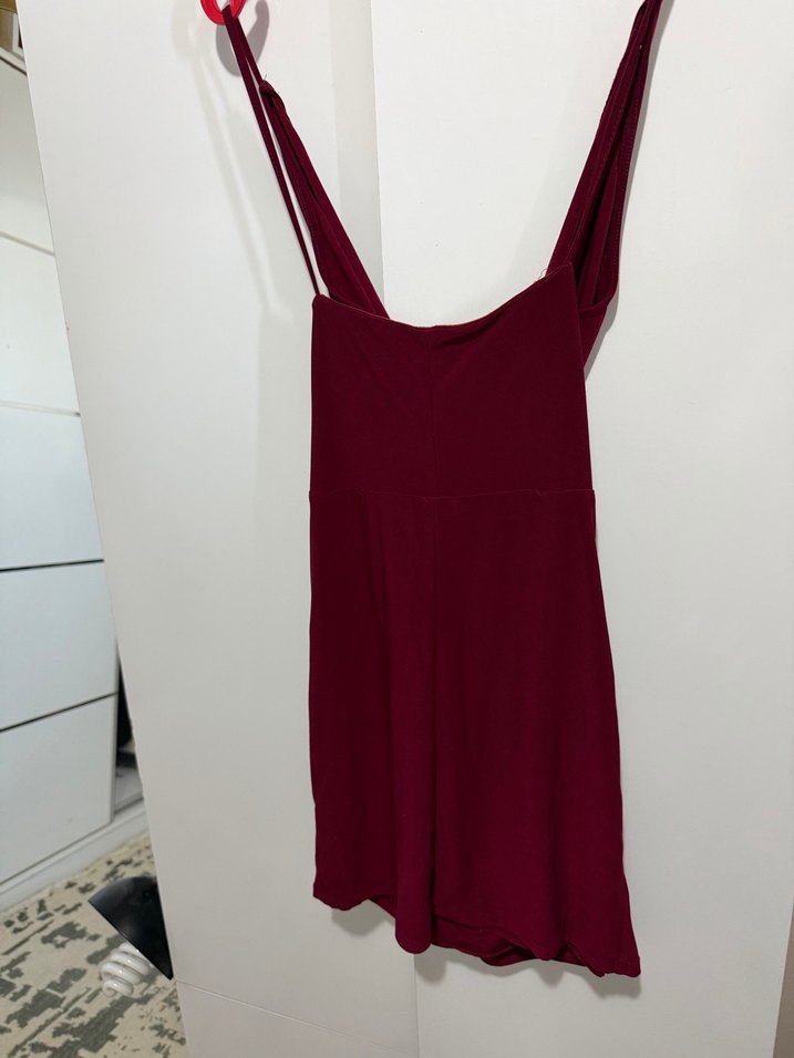 Bordo V Yakalı likralı ve Drapeli Kadın elbise - Görsel 2