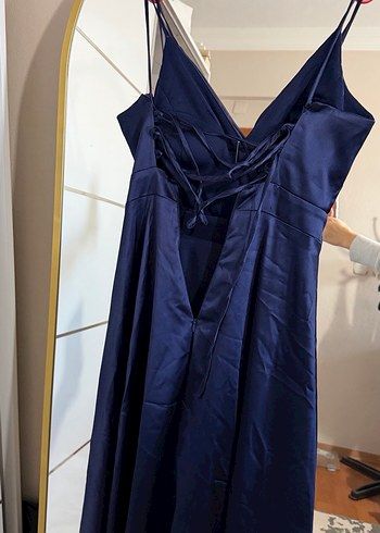 Lacivert saten Drapeli Uzun Abiye Elbise - Görsel 3