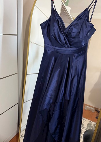 Lacivert saten Drapeli Uzun Abiye Elbise - Görsel 2