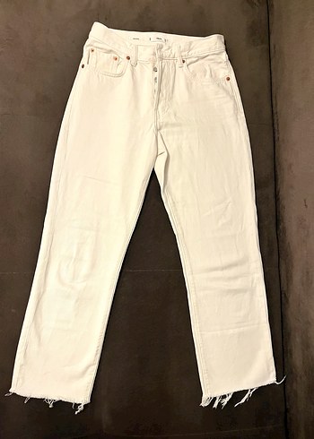 Düğmeli Beyaz Kadın Denim Pantolon - Görsel 2