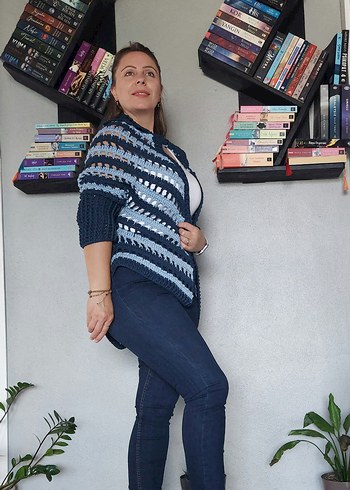 Mavi Örgü Kadın Panço - Görsel 2