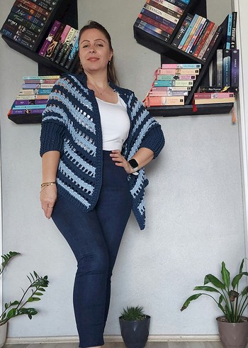 Mavi Örgü Kadın Panço - Görsel 4