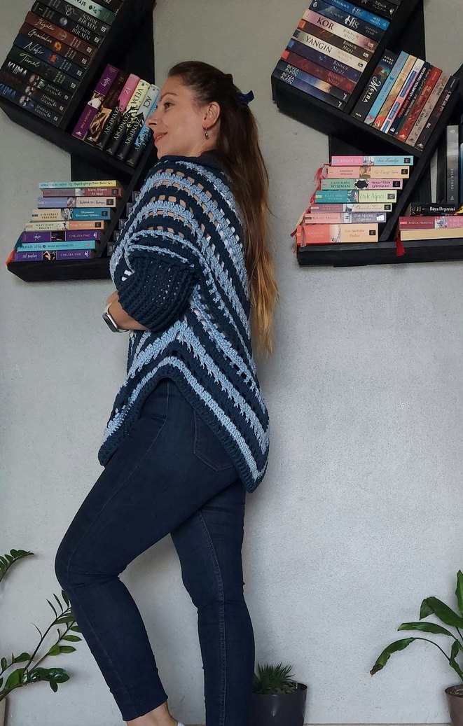 Mavi Örgü Kadın Panço - Görsel 3