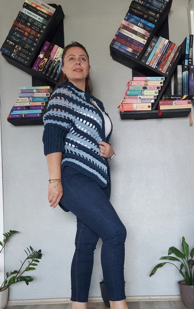 Mavi Örgü Kadın Panço - Görsel 2