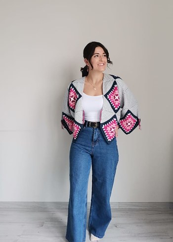 Bohem Gri Mini Örgü Hırka - Görsel 2