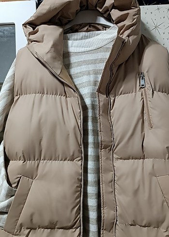Bej Kadın Kapitone Yelek Kapüşonlu - Görsel 3