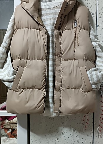 Bej Kadın Kapitone Yelek Kapüşonlu - Görsel 6