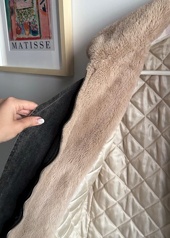 s Beden gri Renk Kürklü Gri Denim Kadın Ceket