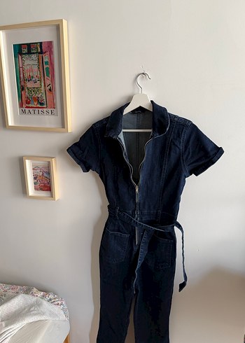 Kadın Kemerli Lacivert Denim Tulum