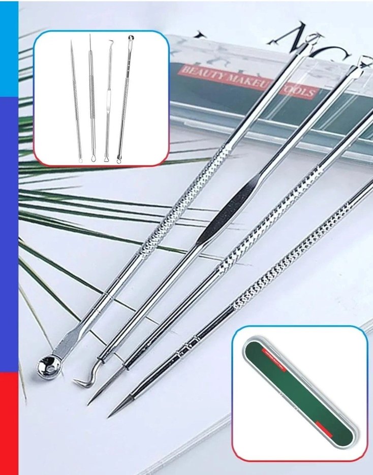 AkneSiyah NoktaKomedon Temizleyici 4lü Set Paslanmaz Çelik Gümüş - Görsel 3