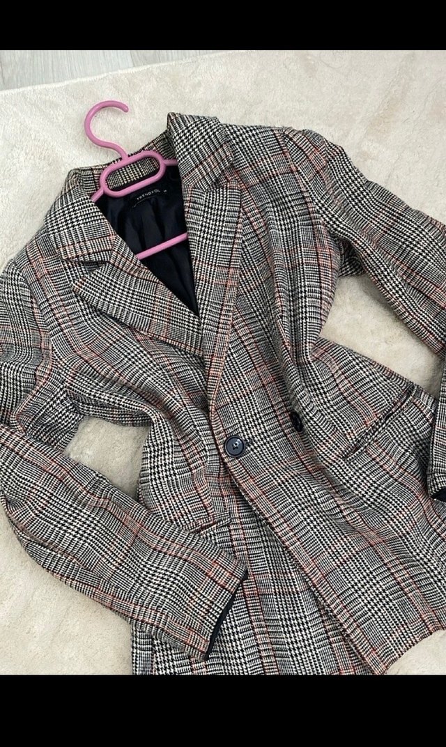 Düğmeli Gri Ekose Kadın Blazer Ceket - Görsel 2