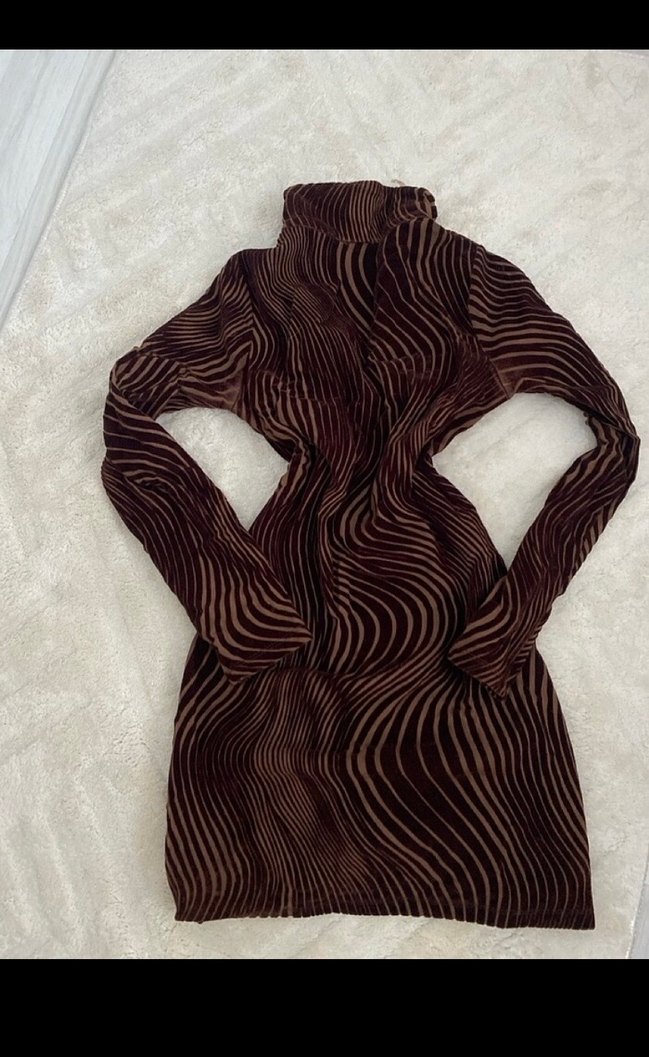 Kahverengi Zebra Desenli Uzun Kollu Triko Elbise - Görsel 2