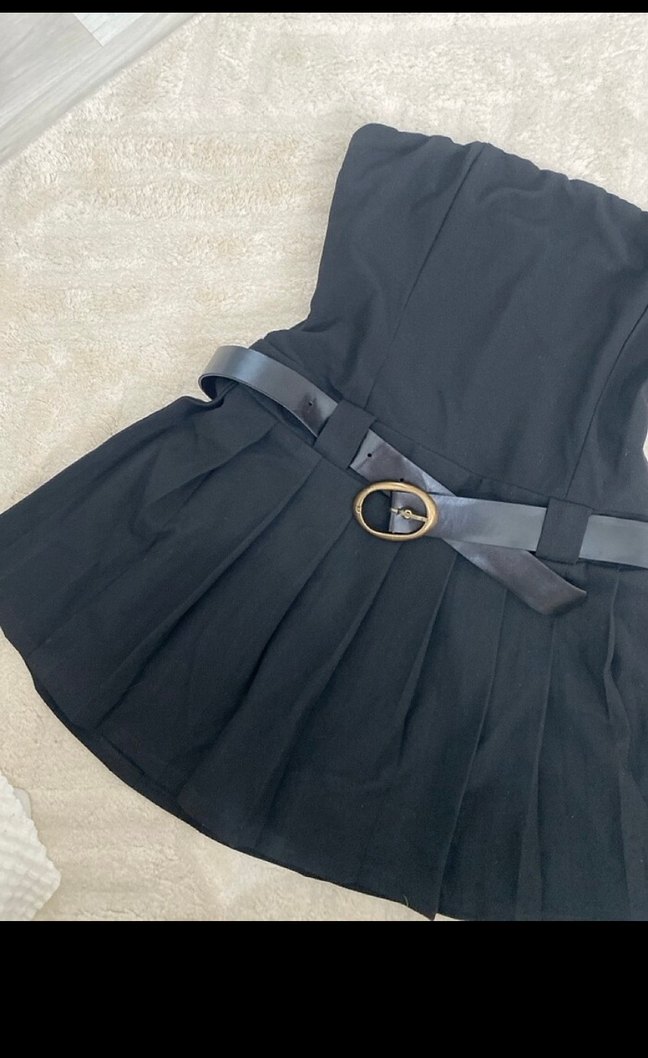 Kemerli Straplez Mini şortlu Siyah Elbise s bedene de uyumludur - Görsel 3