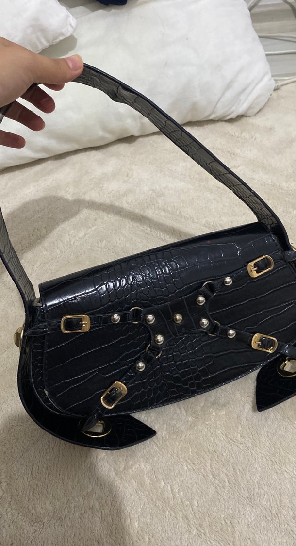 Siyah Yılan Desenli Tokalı Deri Çanta - Görsel 2