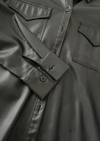 Düğmeli Siyah Deri Kadın Ceket - Görsel 4