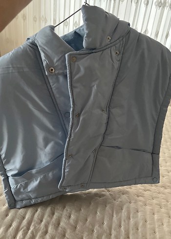 Düğmeli Kapüşonlu Gri Kadın Puff Yelek - Görsel 5