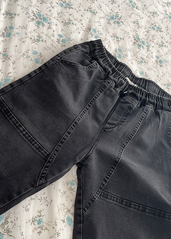 11-12 Yaş Beden Siyah Bel Detaylı Rahat Kesim Kadın Kot Pantolon