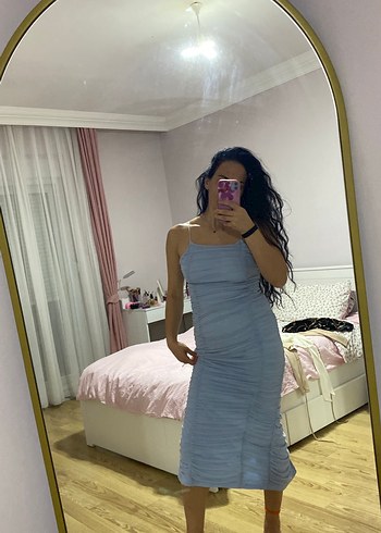 Diğer Şeffaf Detaylı Mavi Midi Elbise