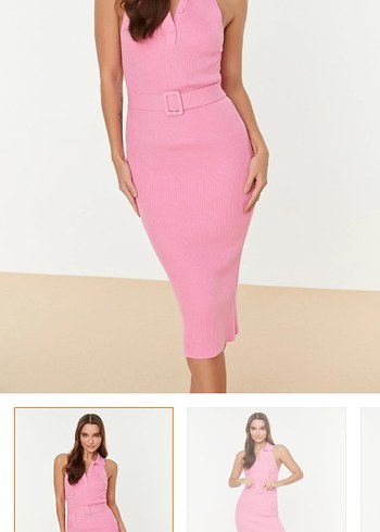 Pembe Midi Triko Elbise Kemerli - Görsel 2