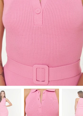 Pembe Midi Triko Elbise Kemerli - Görsel 3