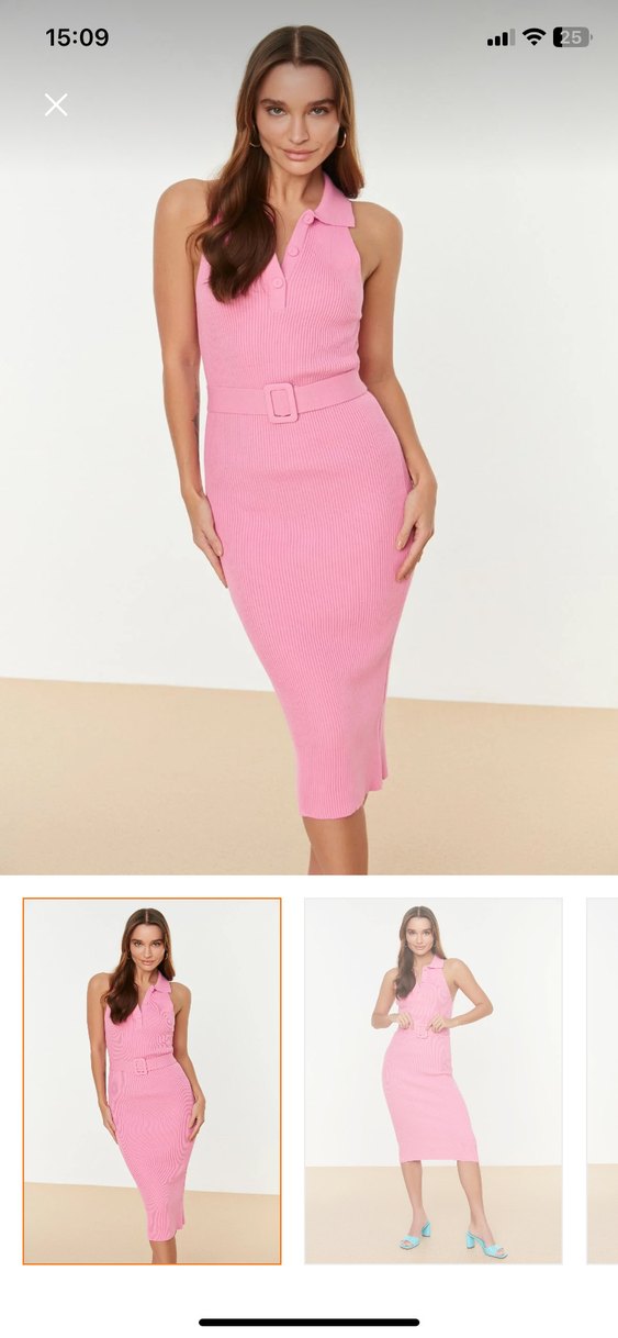 Pembe Midi Triko Elbise Kemerli - Görsel 2