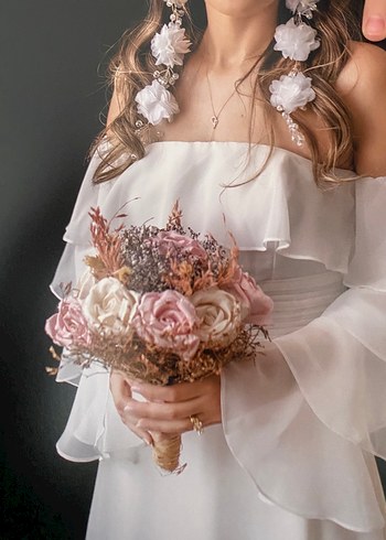 Straplez Bohem  Uzun Beyaz Gelinlik Elbise - Görsel 2