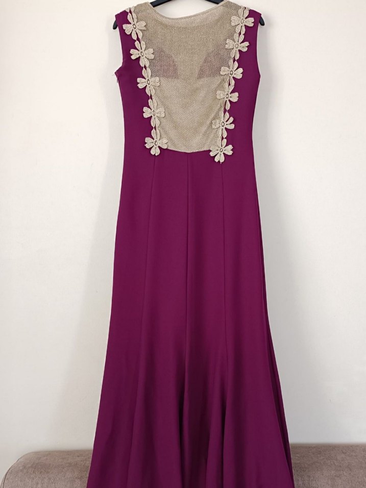 Gold Çiçek Detaylı Mürdüm Abiye Elbise - Görsel 5